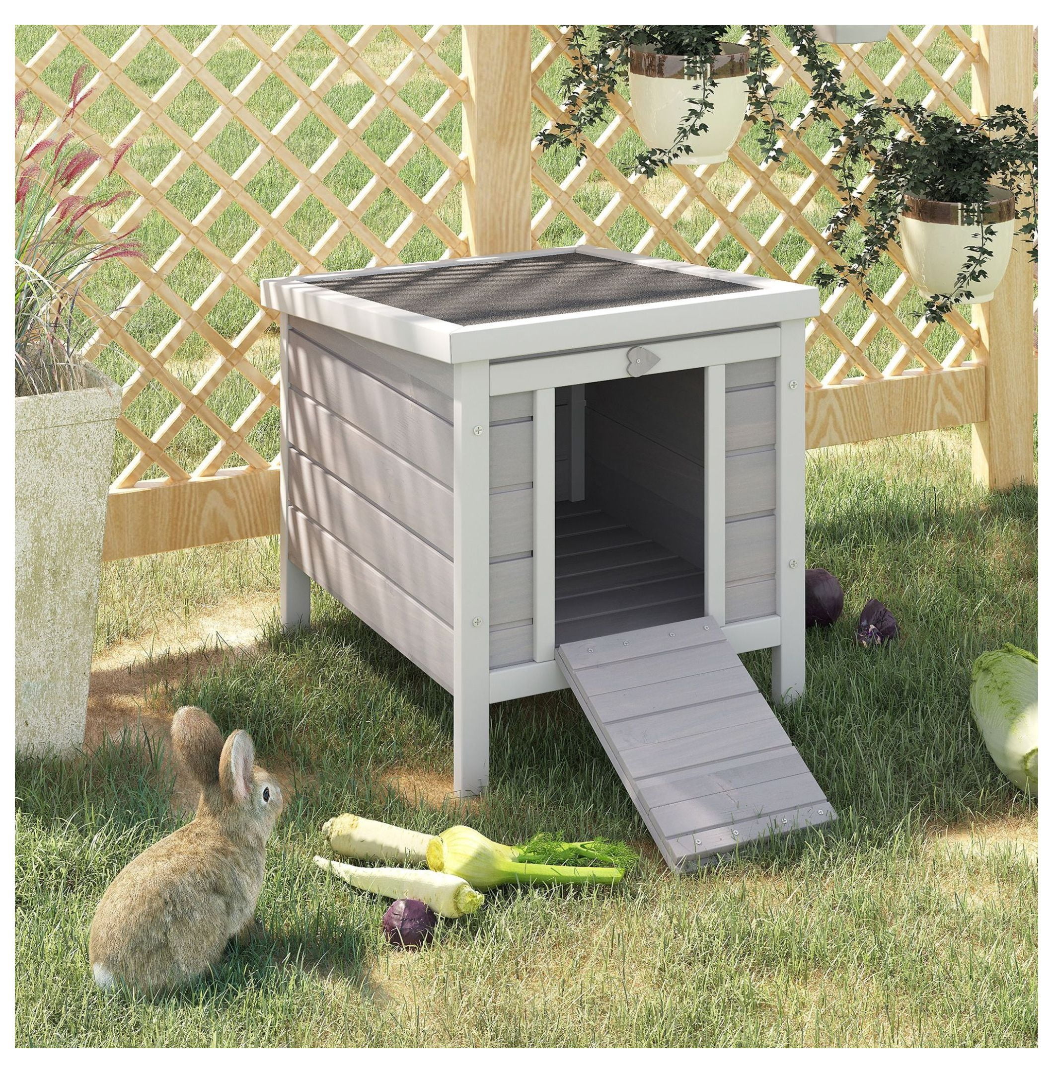 Rabbit Pen, Outdoor Wooden Rabbit Hutch Bunny Guinea Pig Cage with Waterproof Roof Gray