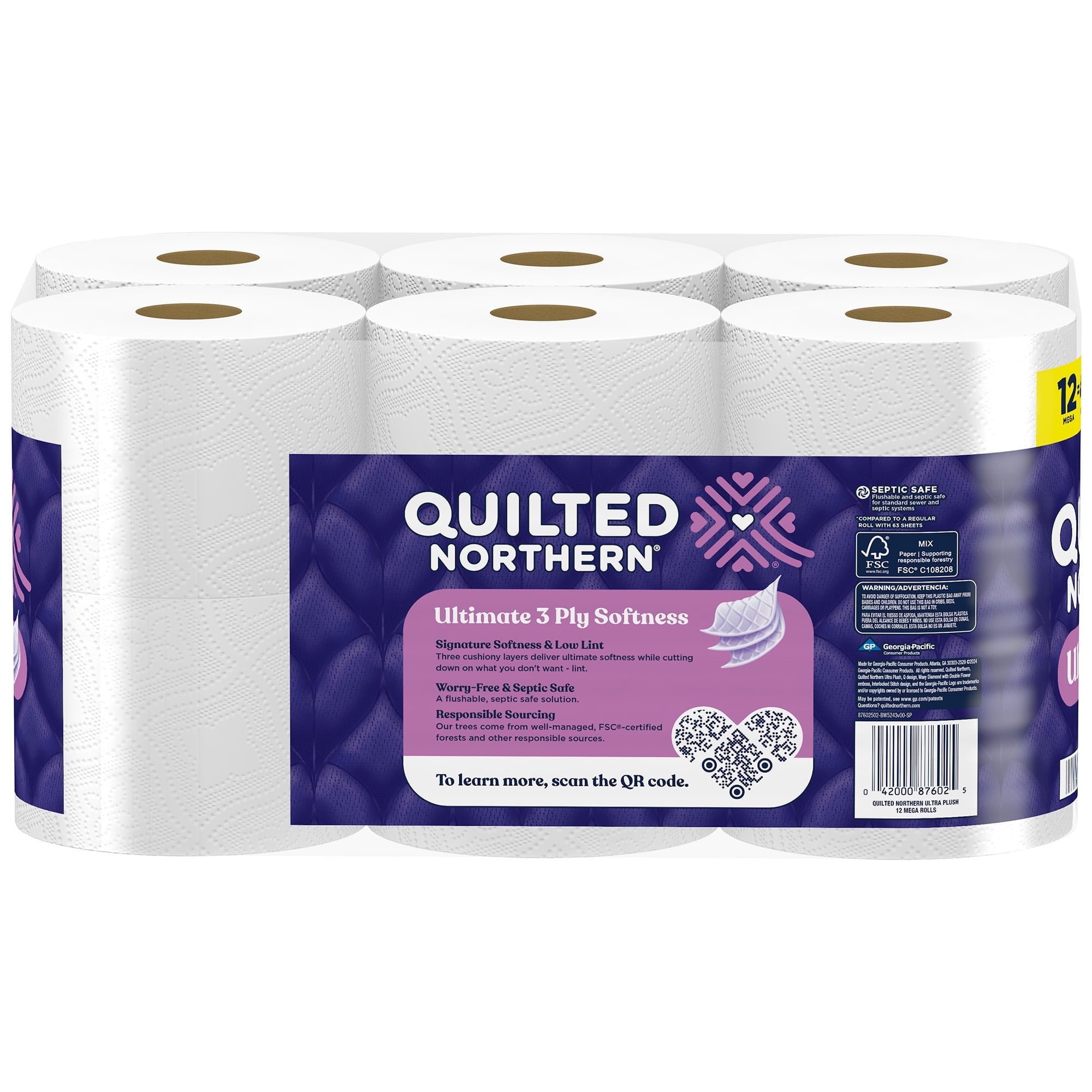 Quilted Northern Ultra Plush 12 Mega Rolls, 3X More Absorbent*, 3-Ply Toilet Paper - 2 Packs (24 Rolls Total)