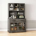 thumbnail image 3 of Lumiinofami Kitchen Pantry Cabinets, 71" Farmhouse Wooden Microwave Stand Hutch with Storage, Charging Station and Wine Racks, Oak Gray, 3 of 11