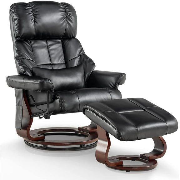 Mcombo Recliner with Ottoman Reclining Chair with Vibration Massage and Removable Lumbar Pillow, 360 Degree Swivel Wood Base, Faux Leather 9068 (Cognac)