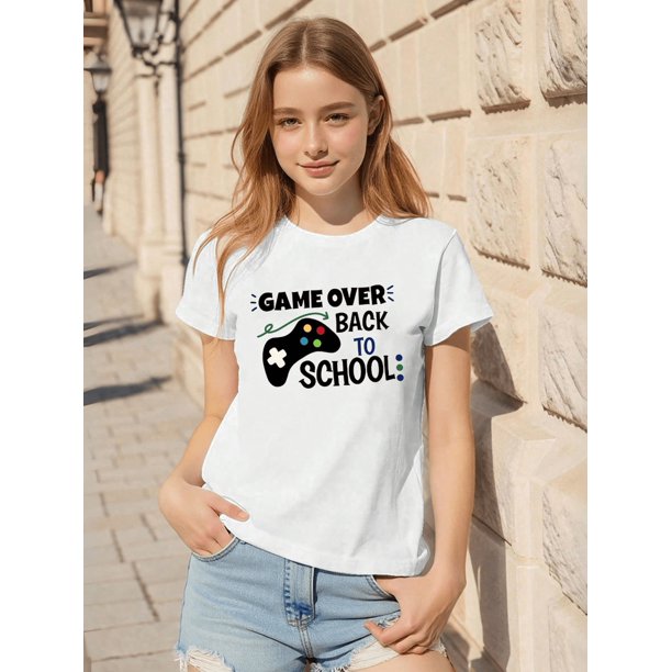 Game Over Girl's Back To School T-Shirt, First Of School Outfit, Children's Back To School Top, School Girl T-Shirt, Ideal Gift For Girls