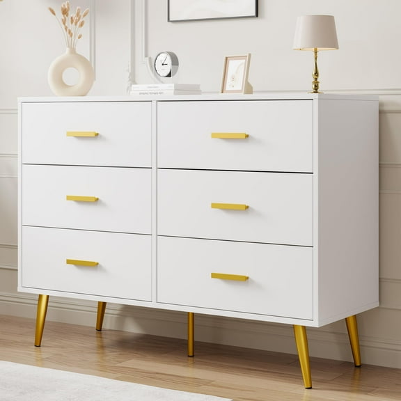 Yeshouse 6 Drawer White/Black Dresser for Bedroom with Gold Handles, Modern Wood Dresser with Wide Drawers, Long Chest of Drawers for Living Room Hallway Entryway