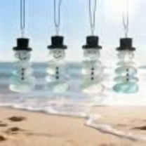 Coastal Christmas Sea Glass Ornaments, Acrylic Sea Glass Christmas Tree Hanging Decorations, Xmas Pendants Decor with Rope, Ornament Gift for Beach Lover(Snowman 4PC)