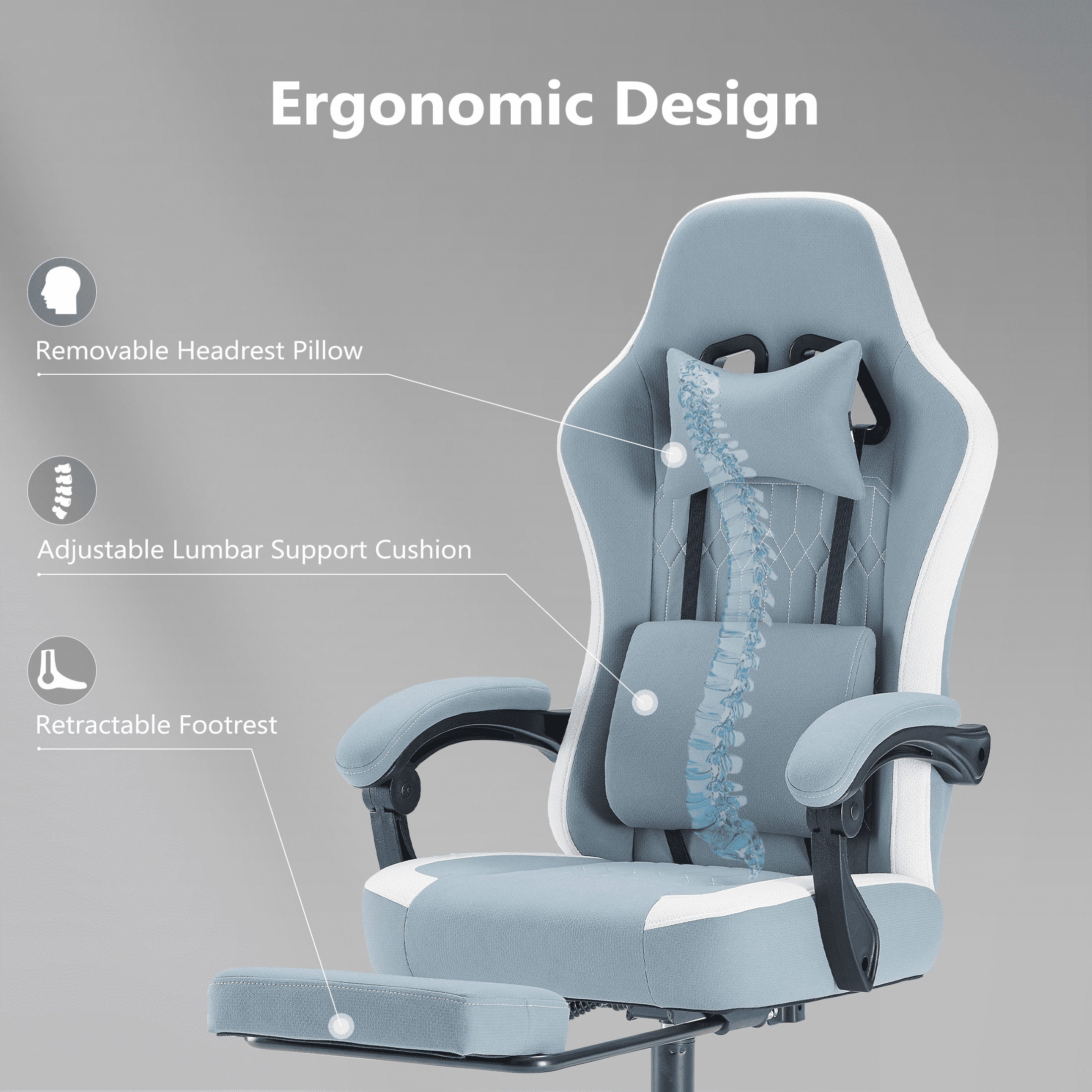 MAYEERTY Ergonomic Gaming Computer Chair with Pocket Spring Cushion, Adjustable Headrest Lumbar Pillow, 90°-135° Reclining Height Adjustable Desk Chair with Armrests