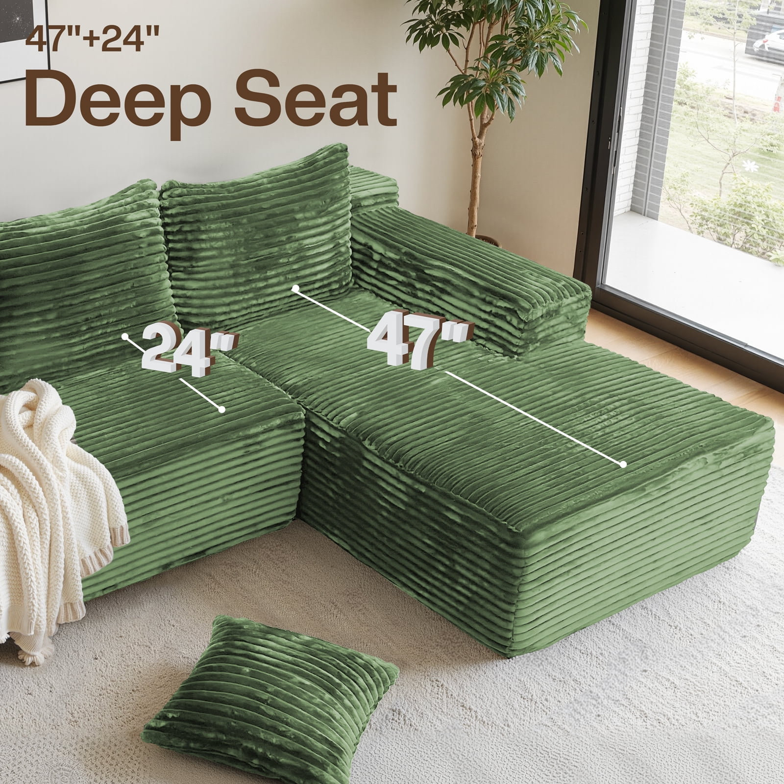 Kelyda 105" Modular L-Shaped Cloud Sofa, Plush Boneless Sectional with Deep Seats Chaise Corduroy Fabric Green