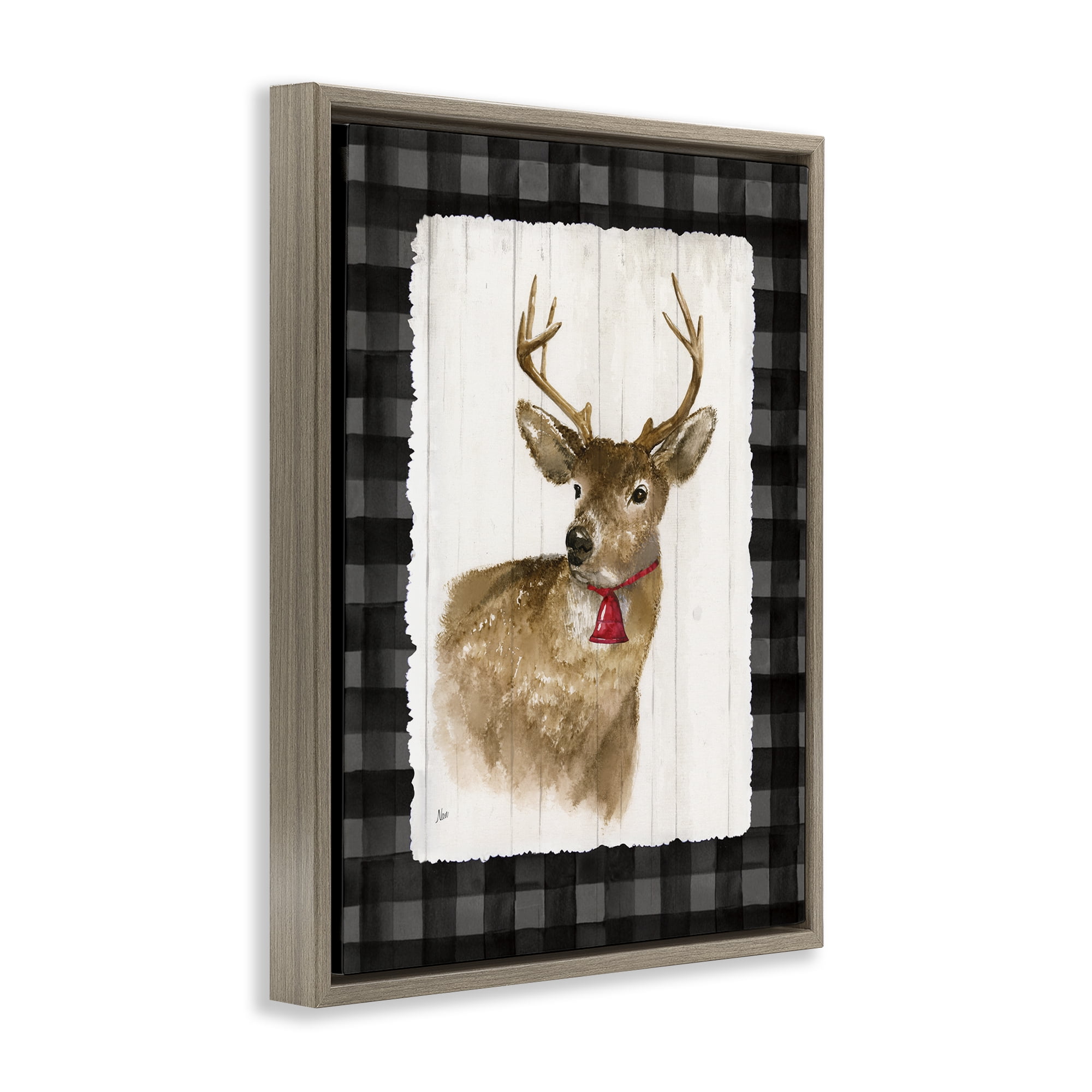Stupell Industries Deer with Red Bell Animals & Insects Painting Brown Floater Framed Canvas Art Prints Wall Art, 25 x 31