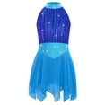 thumbnail image 1 of Manyakai Girls Ice Dance Costume Sleeveless Keyhole Back Rhinestones Metallic Mesh Bodice with Asymmetric Chiffon Skirt Blue 10, 1 of 8