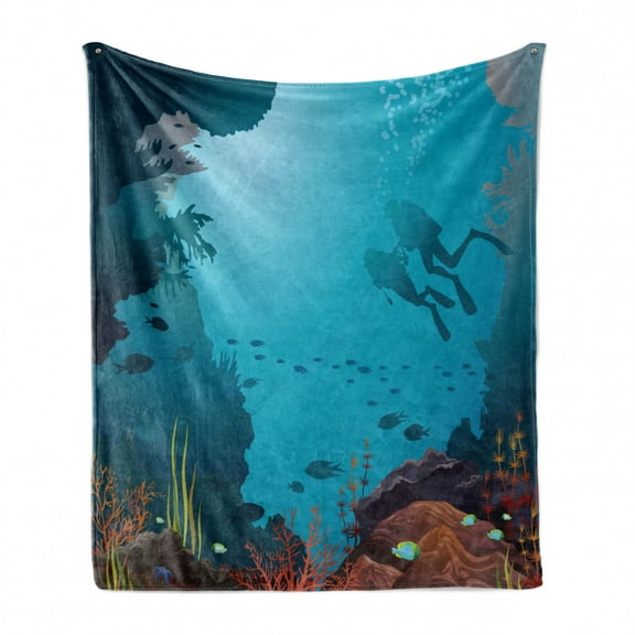 Diver Soft Flannel Fleece Throw Blanket, Scuba Divers and Coral Reef with Other Nautical Bubbles Swim Fins Illustration, Cozy Plush for Indoor and Outdoor Use, 60" x 80", Multicolor, by Ambesonne