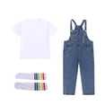 thumbnail image 3 of Avtoify Summer Girls Short Sleeve Round-Neck Shirts Solid Color Short Sleeve Top Denim Suspender Pants Matching Socks 3 Piece Unisex Outfit for Kids Aged 1-10 Daily Outfit Suit, 3 of 10