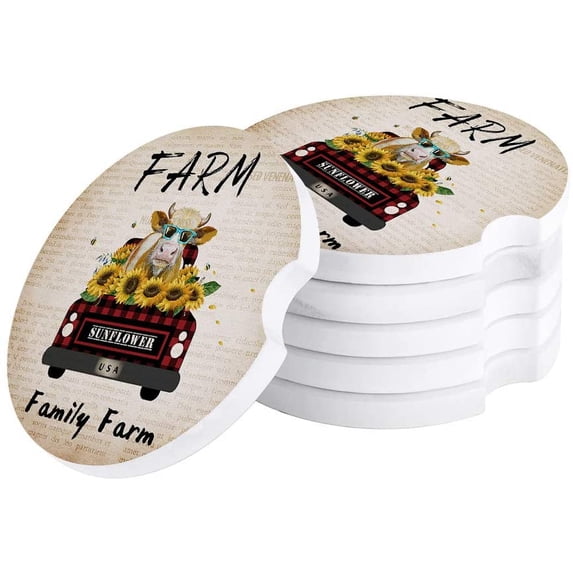 KXMDXA Farm Buffalo Check Plaid Truck with Cow Sunflower Retro Style Set of 2 Car Coaster for Drinks, Absorbent Ceramic Stone Coasters Cup Mat with Cork Base for Coffee Table Bar Decor