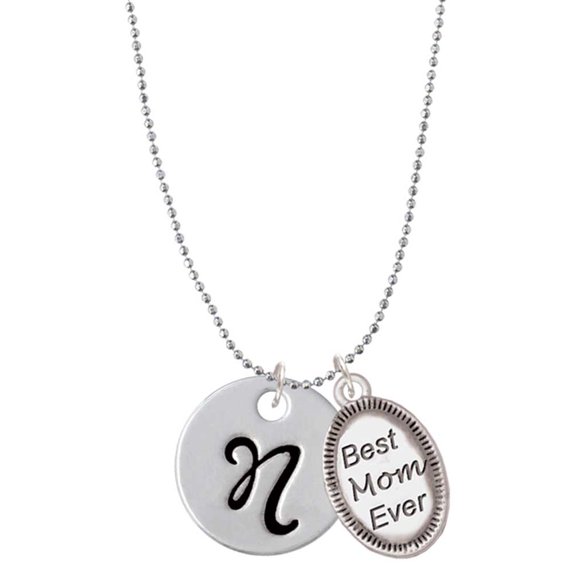 Delight Jewelry Silvertone Large Script Letter - N - 3/4'' Disc - Best Mom Ever Charm Necklace