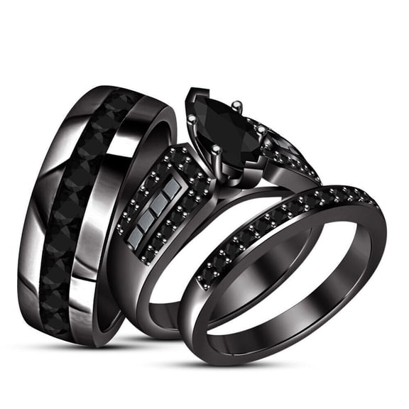 Silver & Stone Jewels 14K Black Gold Plated Lab Created CZ Trio His & Her Set Ring Wedding Band