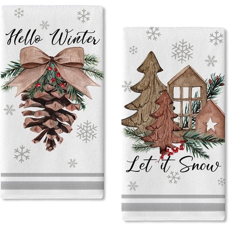 Hello Winter Pine Cone Kitchen Dish Towels Set of 2  Let It Snow Christmas Tree Red Berry Bow Hand Towels Drying Baking Cooking Cloth  Snowflake Farmhouse Holiday Home Kitchen Decor 16x24 Inch