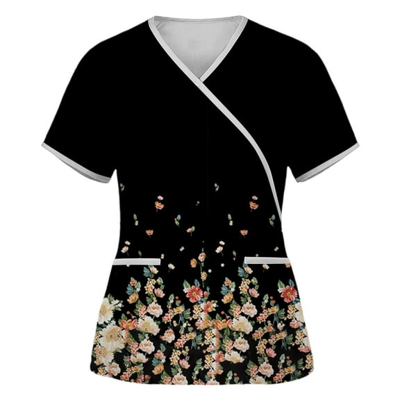 Valentines Day Gifts for Her Tbopshirt Womens Tops Scrubs for Women,Women's Fashion Short Sleeve V-Neck Bandage Tops Working Uniform PrintedWith Pocket Blouse Tops, Valentine's Day Clearance