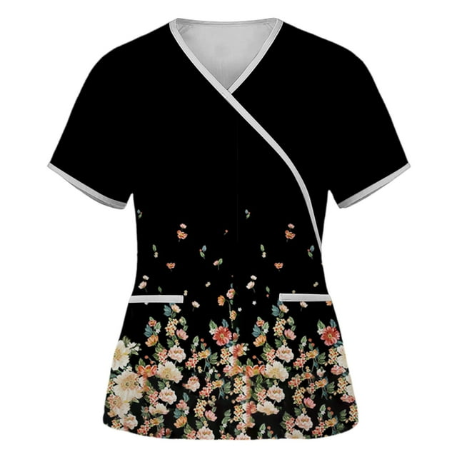EGNMCR Hauts de Sarrau d'Infirmière pour Femmes Mode Décontractée Imprimé Uniforme de Travail Manches Courtes Col en V Blouse T-shirt de Travail avec Poches, Cadeaux pour Femmes