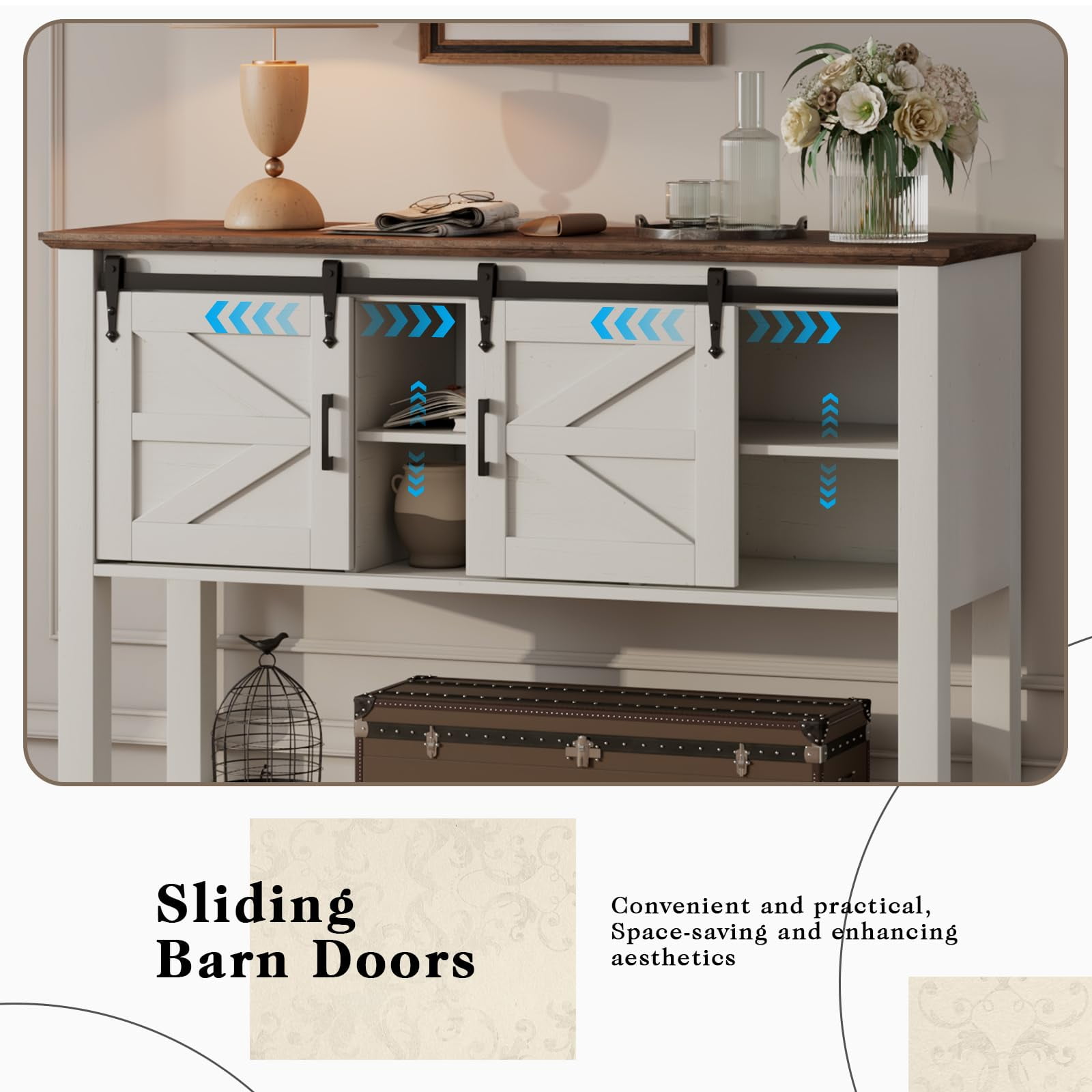 VANACC Farmhouse Entryway Table with Sliding Barn Doors, 46" Sofa Table, Antique White