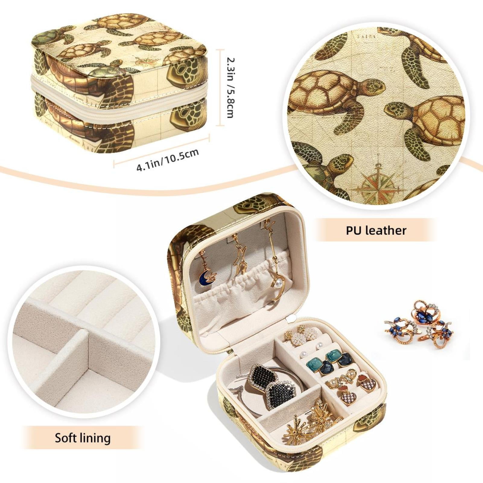 PhooArto Small Jewellery Box, Retro Map Sea Turtles Pattern Portable Travel Mini Jewelry Case for Women Leather Ring Organizer