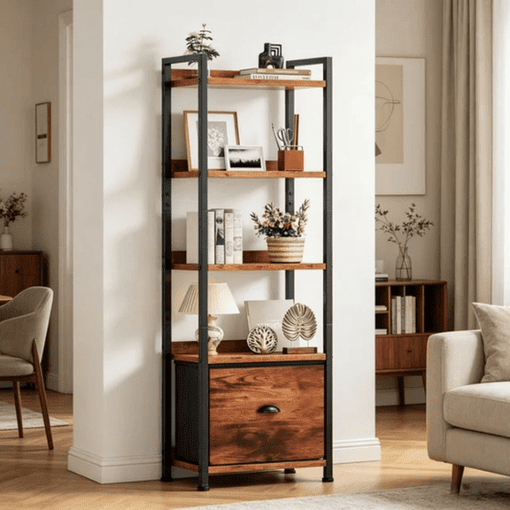 5 Tier Bookshelf with Fabric Storage Drawer, Freestanding Wooden Bookcase with Open Display Shelves, Metal Frame Storage Organizer for Living Room, Bedroom, Home Office, Study Room, Rustic Brown Fini