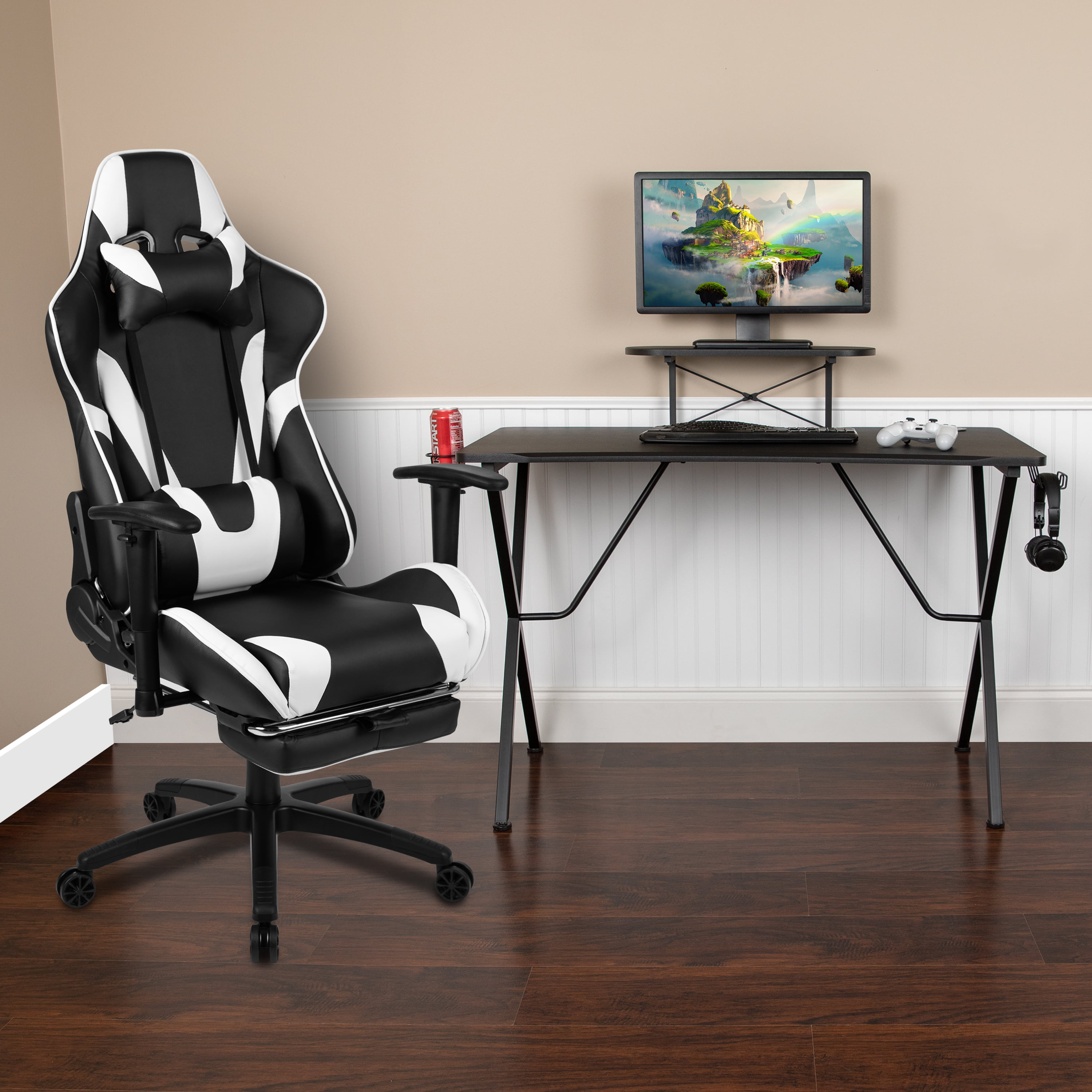 Flash Furniture Black Gaming Desk and Black Footrest Reclining Gaming