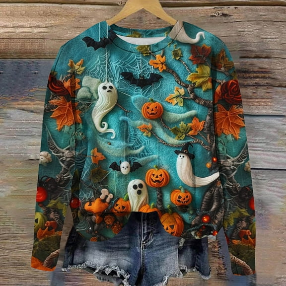CLOISE Halloween Women Sweatshirt Fashion Ghost Pumpkin Print Oversized Sweatshirts Fall Long Sleeve Crew Neck Hoodies Shirts Tunic Blouses Holiday Gift Clothes Light Blue XL Treat