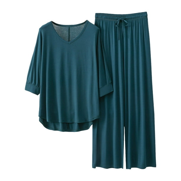 Conjunto de pijama de manga 3/4 para mujer: top con cuello en V y pantalones con cintura elástica, tejido de poliéster, ropa informal para estar por casa - Tallas L/XL