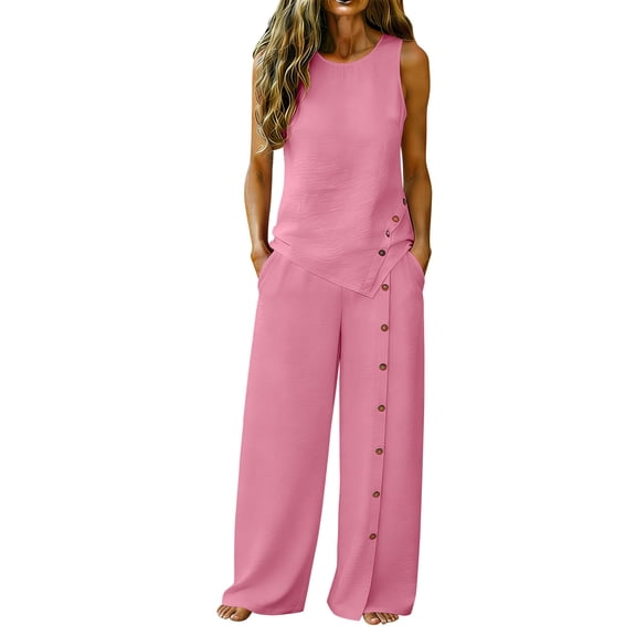 BUIGTTKLOP 2 Piece Outfits for Women Summer Suits Matching Set Sleeveless Tops Wide Leg Pants with Button Beach Vacation Clothes