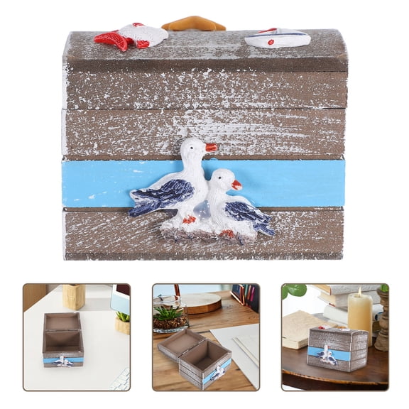 FOMIYES Small Brown Wood Treasure Box Ocean Themed Handheld Vintage Jewelry Storage