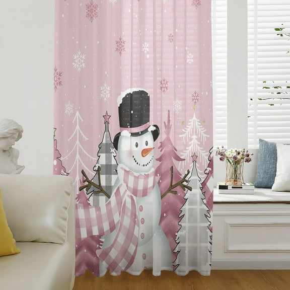 Pink Snowman Christmas Semi Sheer Curtains Drapes for Living Room,Bedroom,French Doors Window 72 Inches Long,Winter Snowflake Xmas Tree Pink Grey Plaid Rod Pocket Chiffon Curtain Drapery Voile Panel