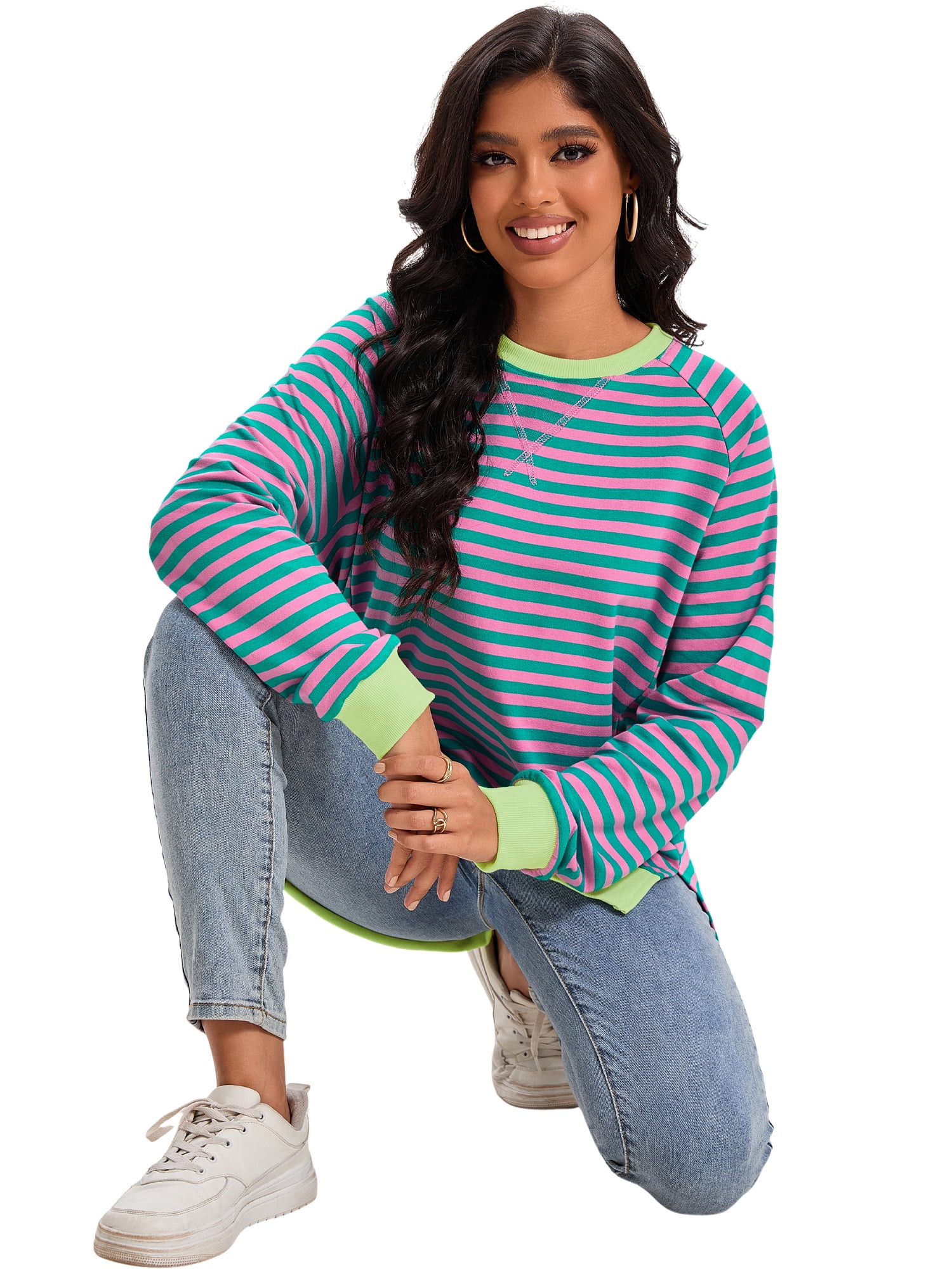 DARING DIVA Women's Striped Oversized Crewneck Pullover Tops XL Green Pink
