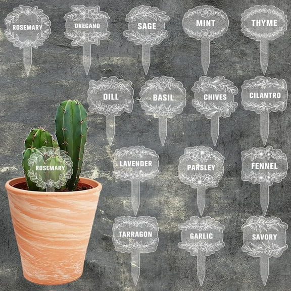 15 Pcs Clear Acrylic Plant Tags Herbal Theme Waterproof Garden Stake Labels Wreath Shaped Plant Signage with Text for Indoor Outdoor Potted Plants Nursery Marker Decoration
