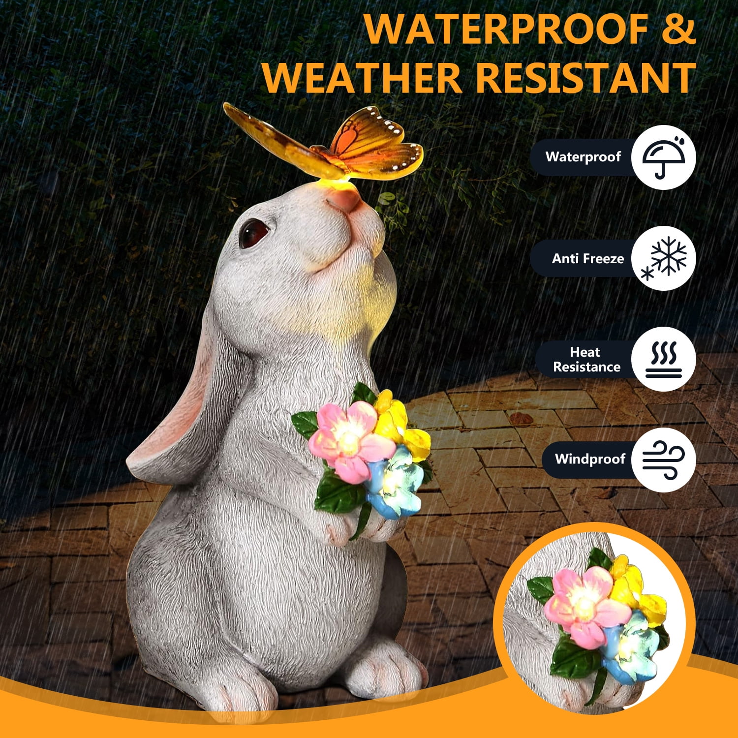 Rirool Solar Rabbit Garden Statue with LED Lights & Butterfly - Hand-Painted Outdoor Decor for Lawn, Patio - Waterproof Easter Gift for Women, Mom