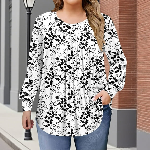 Womens Plus Size Tops Basic Long Sleeve Shirts Floral Print Crew Neck T Shirt Spring Outfits Loose Fit Casual Blouses White XL