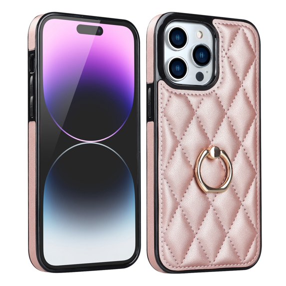 Decase Compatible With iPhone 14 Pro Max 6.7" Leather Case with 360° Rotate Ring Holder Stand, Luxury Rhomboid Leather Back Soft Frame Shockprood Protective Cover for iPhone 14 Pro Max, Rosegold