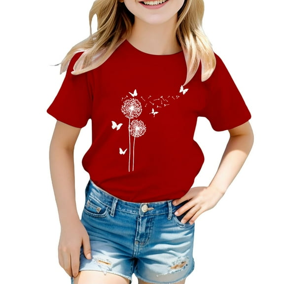LNMQLPDBS Cute Tops for Girls Floral Printed Short Sleeve Crewneck Graphic T-Shirts Summer Tops for Teens Girls' Tops, Tees & Blouses Red 8-9 Years