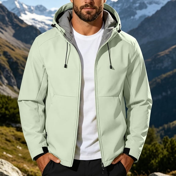 Jessboyy Jackets for Men with Hood Fall Winter Hiking Climbing Outdoor Jacket Trendy Pockets Hooded Midweight Windbreaker Green,XXXL
