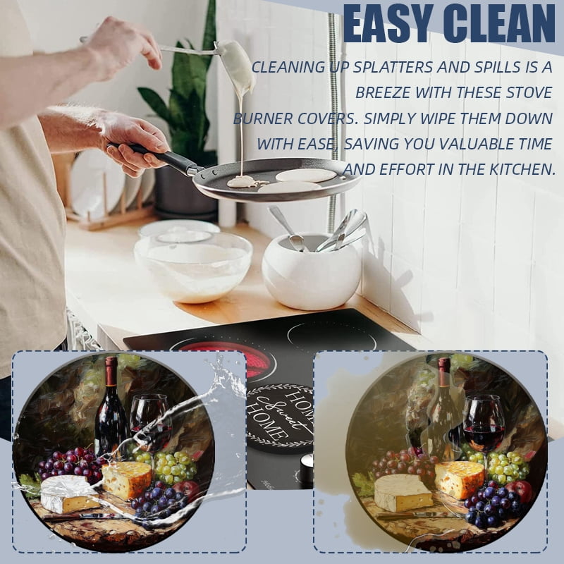 Round Electric Stove Burner Covers, Wine Glass and Grapes Cheese 4Pcs Top Covers for Electric Stove Burner for Kitchen Decoration, 8 Inches and 10 Inches