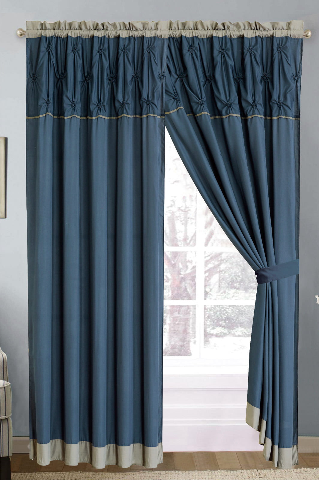 4-P Ruched Pinched Floral Diamond Curtain Set Navy Blue Gray Sheer Liner Valance 