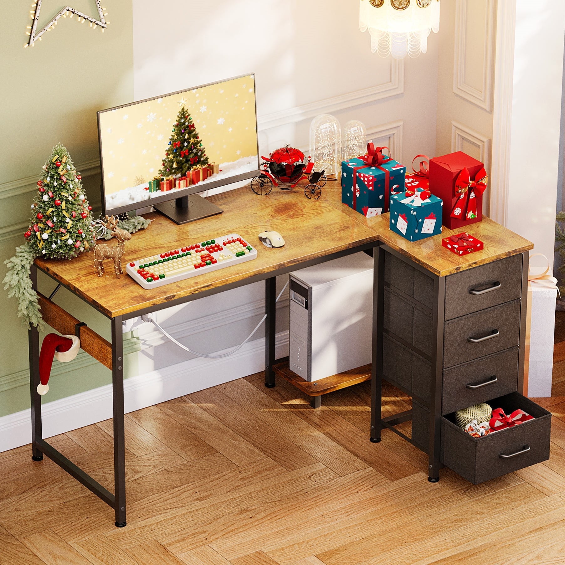 40 inch Computer Desk with 4 Fabric Drawers — Home Office Desks with Storage, Writing Desk with Side Hook, Desk Study/Work Table for Bedroom and Small Space, Vintage