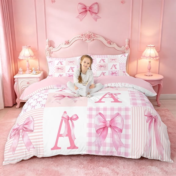 meiyoeat Ribbon Bow Letter Print Bedding For Girls,Pink Plaid Bowknot Alphabet A Duvet Cover Full For Kids,Pink Reversible,3-Piece(No Comforter)