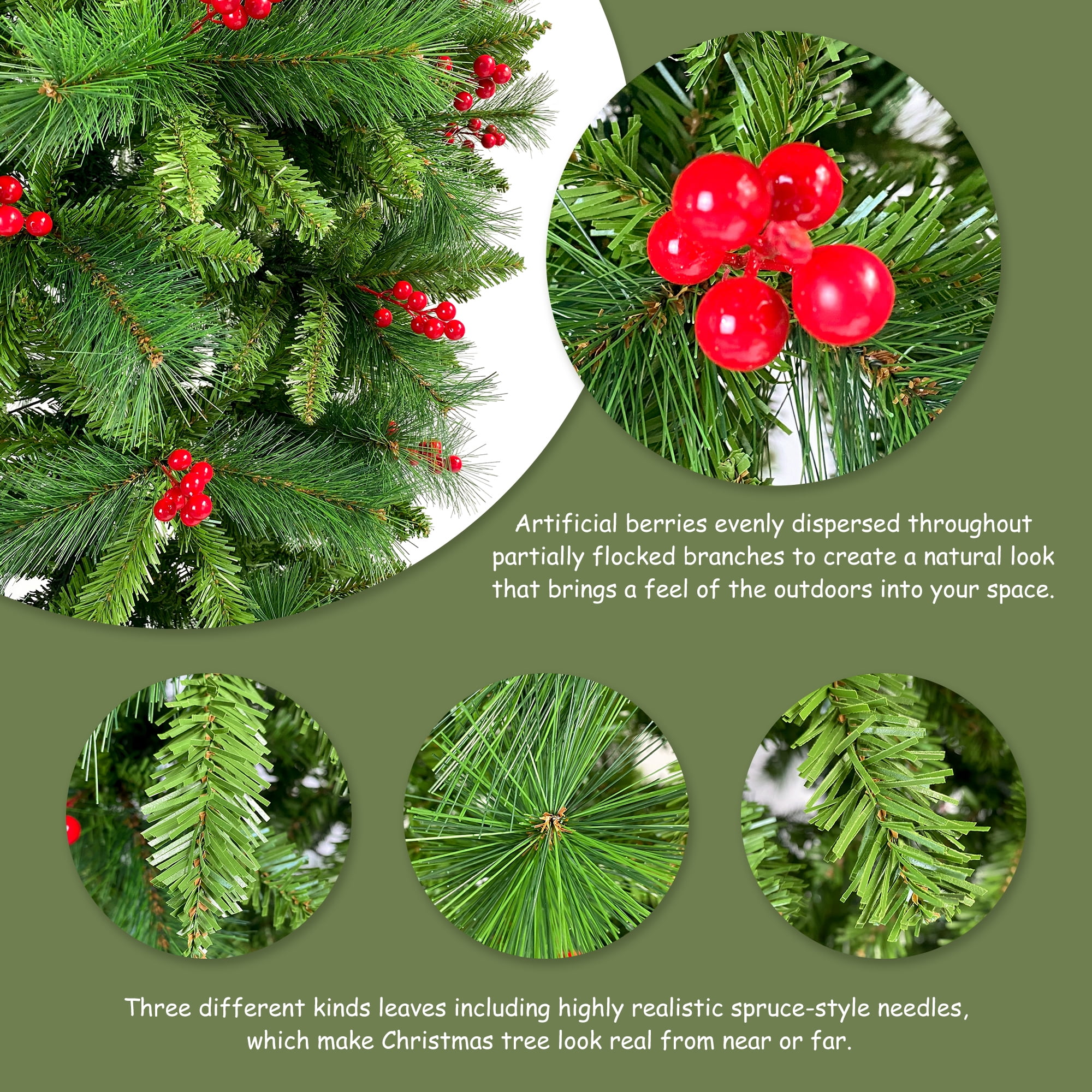 Kadyn 7.4 ft Upside Down Green Christmas Tree Hinged Spruce Full Tree, 1500 branch tips, with Red Artificial Berries, PVC Pine Needles, Artificial Holiday Christmas Pine Tree for Home, Office, Party