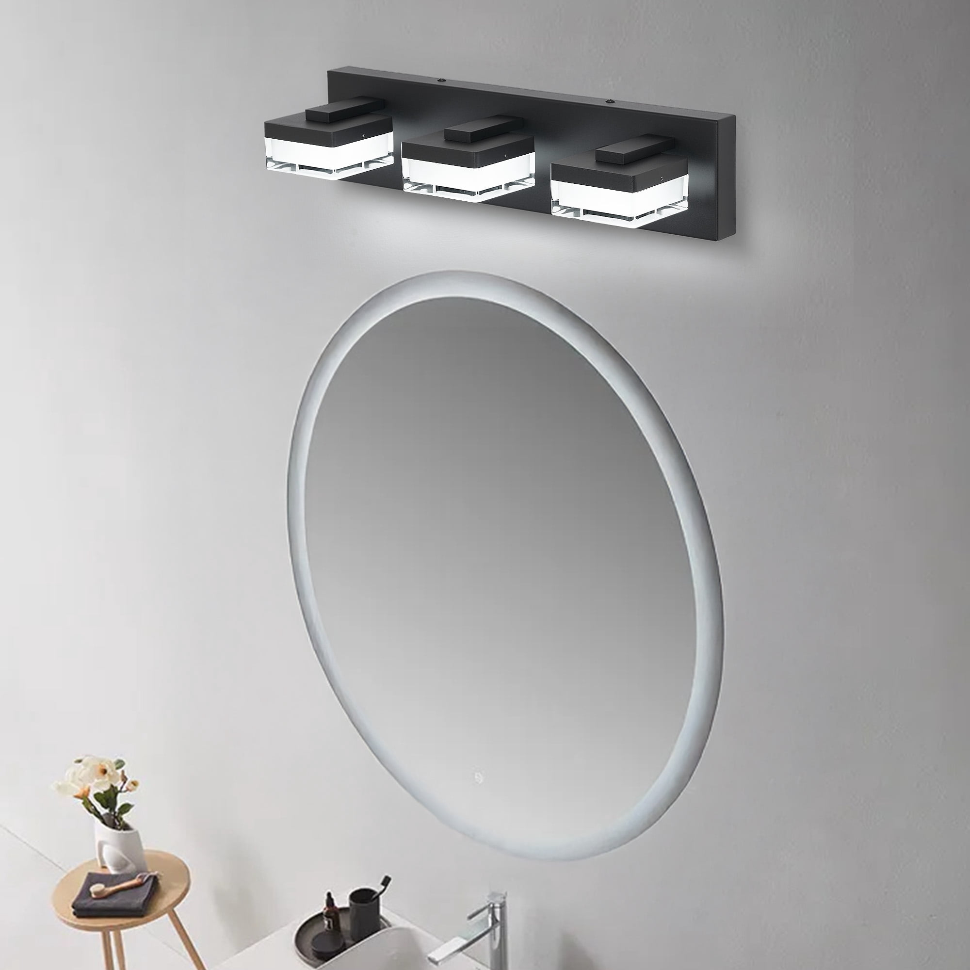 Modern LED Vanity Light for Bathroom, 3-Light Matt Black with Transparent Acrylic, 18W Energy Saving Wall Lamp Above Mirror, Easy Install US Junction Box