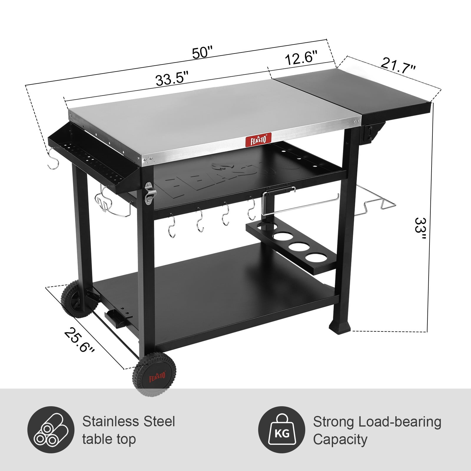 Feasto L50" 3-Tier Rolling Kitchen Cart, Stainless Steel Mobile Food Prep Table for Outdoor & Indoor Use