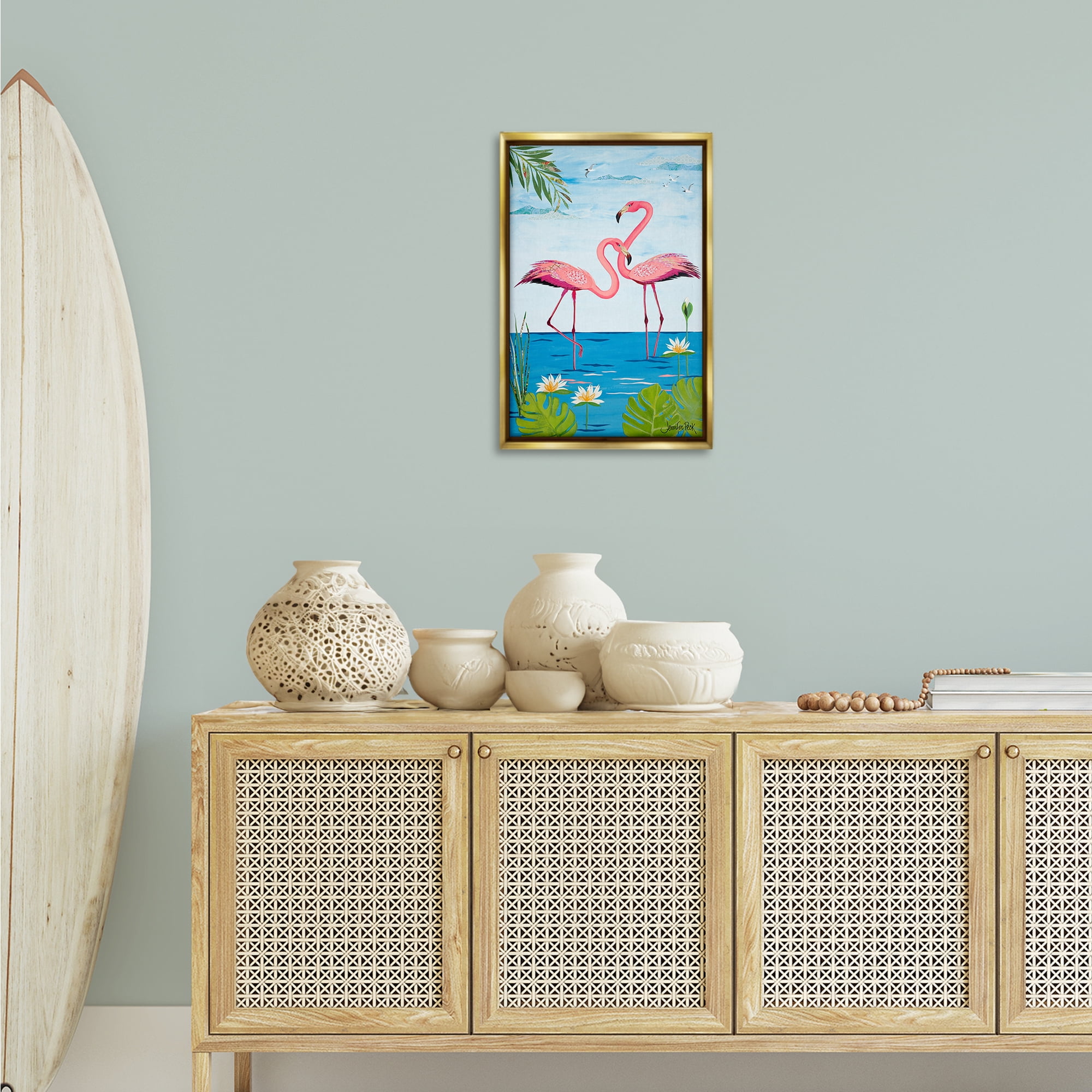 Stupell Industries Pretty In Pink Flamingos Animals & Insects Painting Gold Floater Framed Canvas Art Print Wall Art, 17 x 25