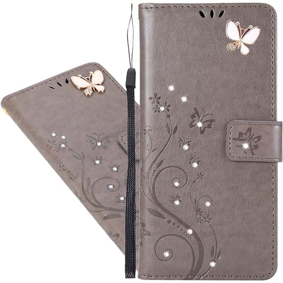 Compatible with Samsung Galaxy S21 FE 5G Case Glitter with Card Holder Flip Wallet Phone Case for Women Crystal Butterfly Shockproof Protective Case for Samsung Galaxy S21 FE 5G,Gray GY
