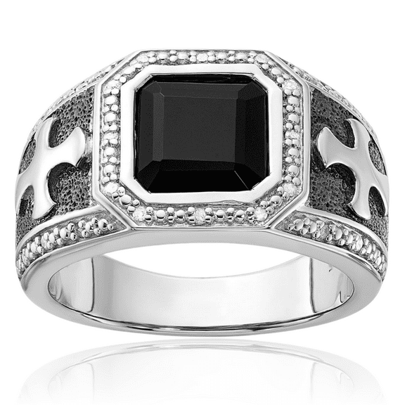 925 Sterling Silver Black Diamond Onyx Cross Mens Ring Gemstone Band