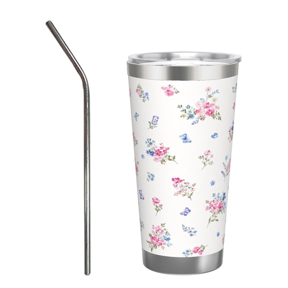 20oz Floral Butterfly Tumbler Insulated Car Cup Travel Coffee Cup Spring Wildflower Gift for Women with Stainless Steel Straw