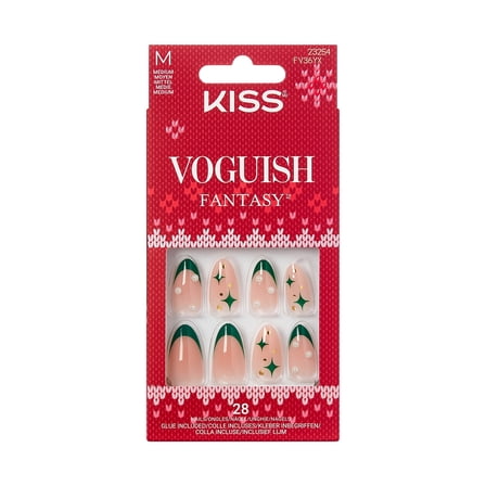 KISS Voguish Fantasy Holiday Press On Nails Almond, 'Snowy Memories', Green, Medium, 28 Count