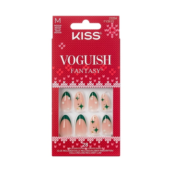 KISS Voguish Fantasy Holiday Press On Nails Almond, 'Snowy Memories', Green, Medium, 28 Count