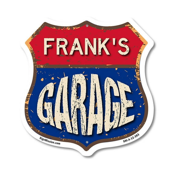 Frank's Garage 12 inch X 12 inch Shield-Shaped Rust-Free Aluminum Metal Sign Weather Resistant, UV Protected To last, Gift for Dads and Uncles Classic Americana Crafted in the USA