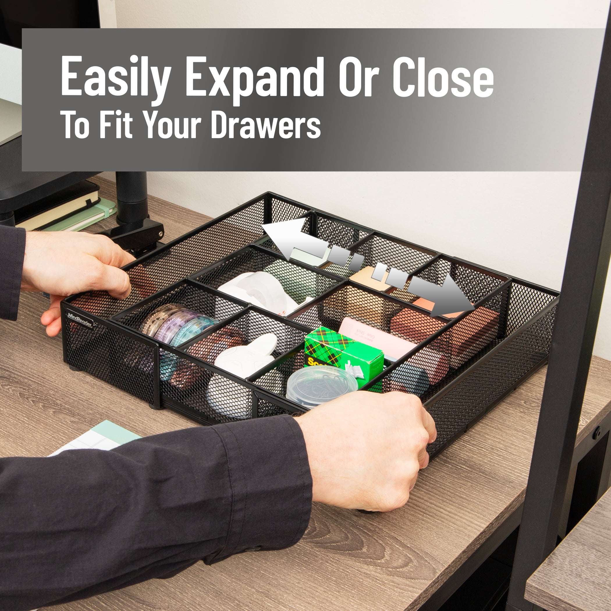 Mind Reader Expandable Mesh Desk Drawer Organizer, Adjustable from 9.25" to 17.125", Office Supply Storage Tray, Makeup Organizer, Black